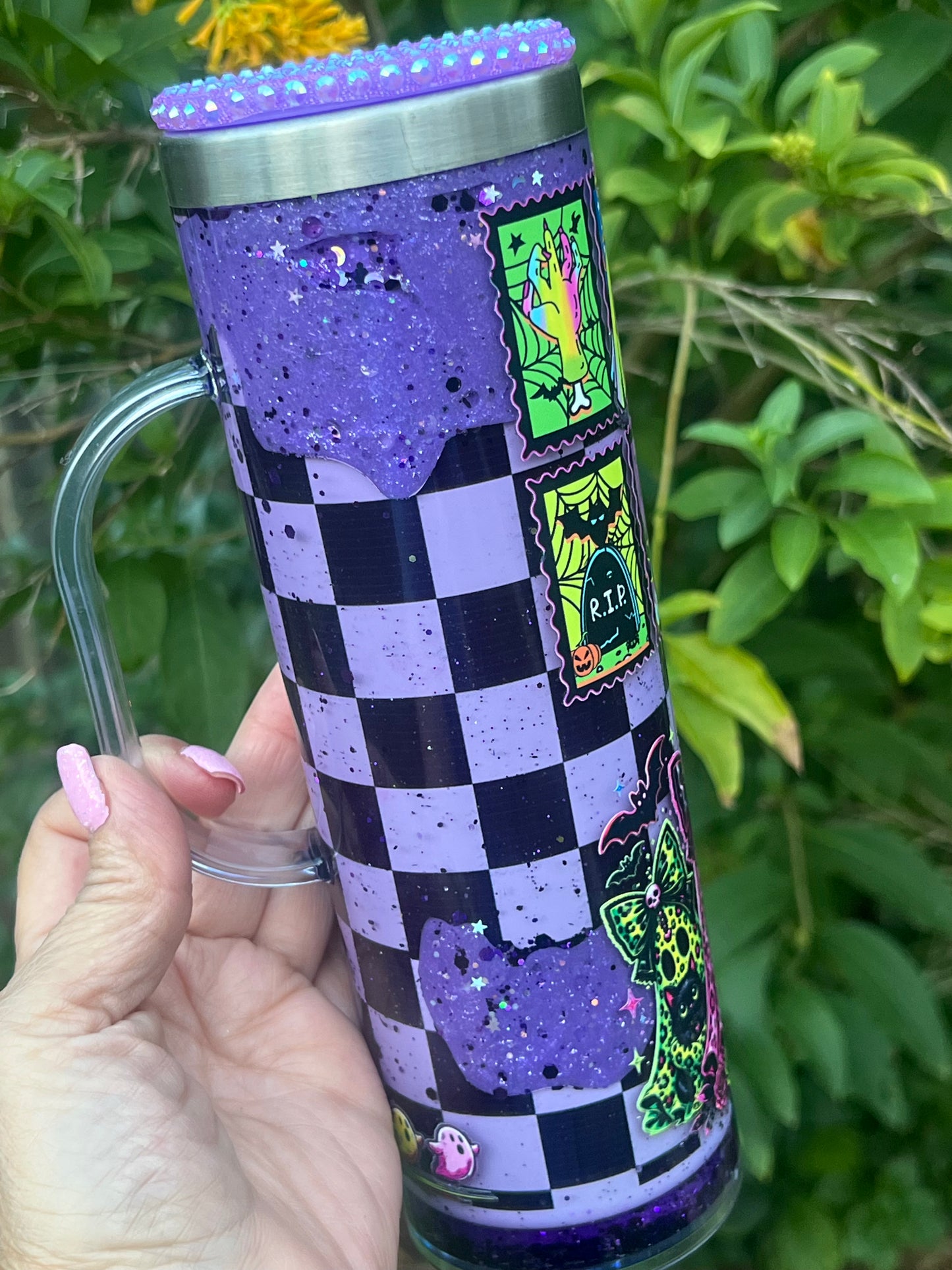 20oz acrylic and stainless steel combo, Halloween images, Rhinestone lid. Lava