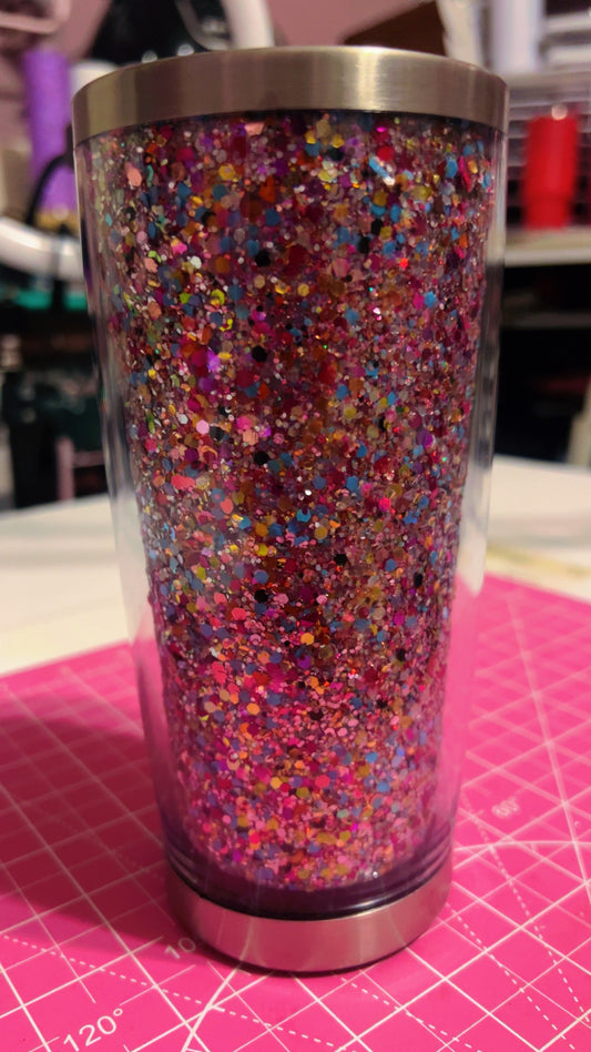 Interchangeable 20oz stainless steel & acrylic tumblers. Red, Pink, Blue glitter mix