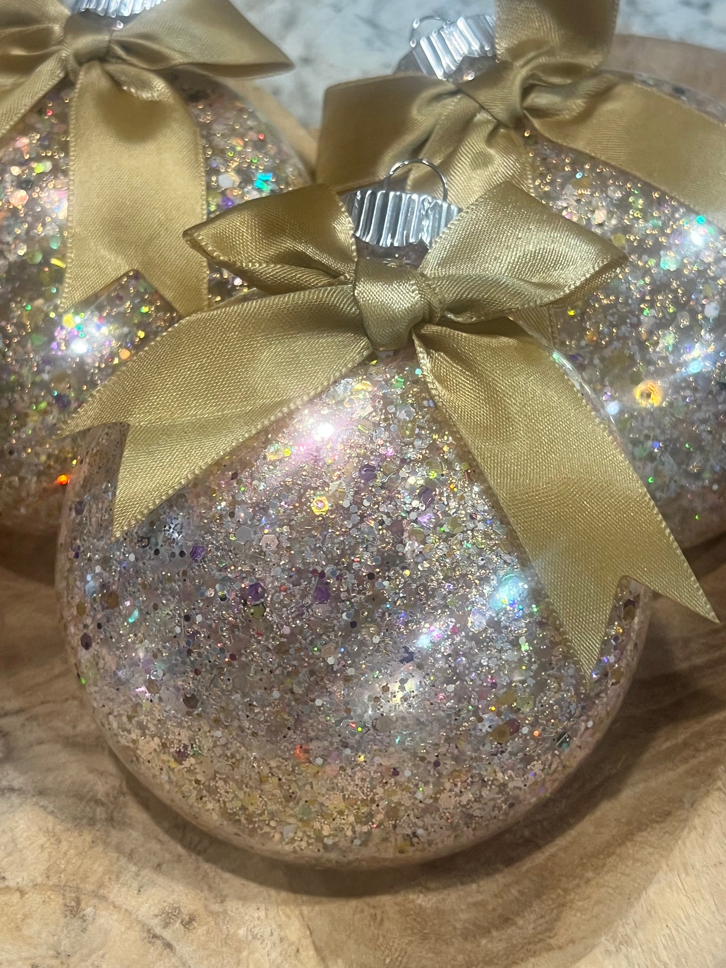 Gold glitter Ornament 4 inch acrylic w Gold glitter and gold satin bow.