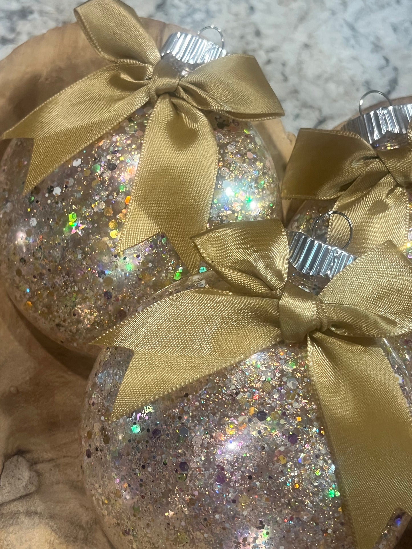 Gold glitter Ornament 4 inch acrylic w Gold glitter and gold satin bow.