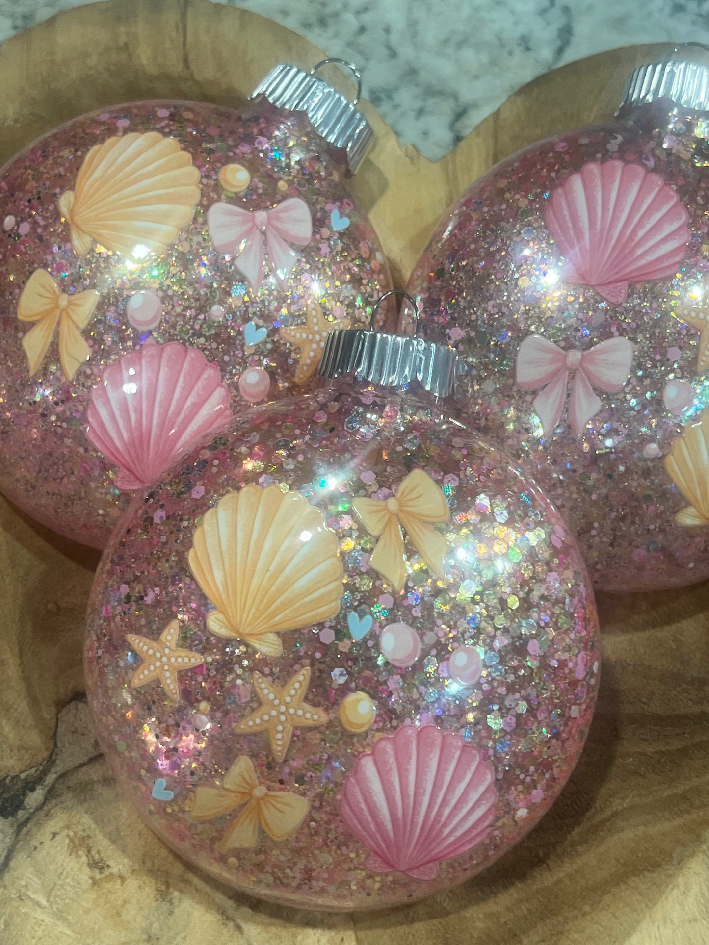 Pink glitter Seashells Ornament 4 inch acrylic.