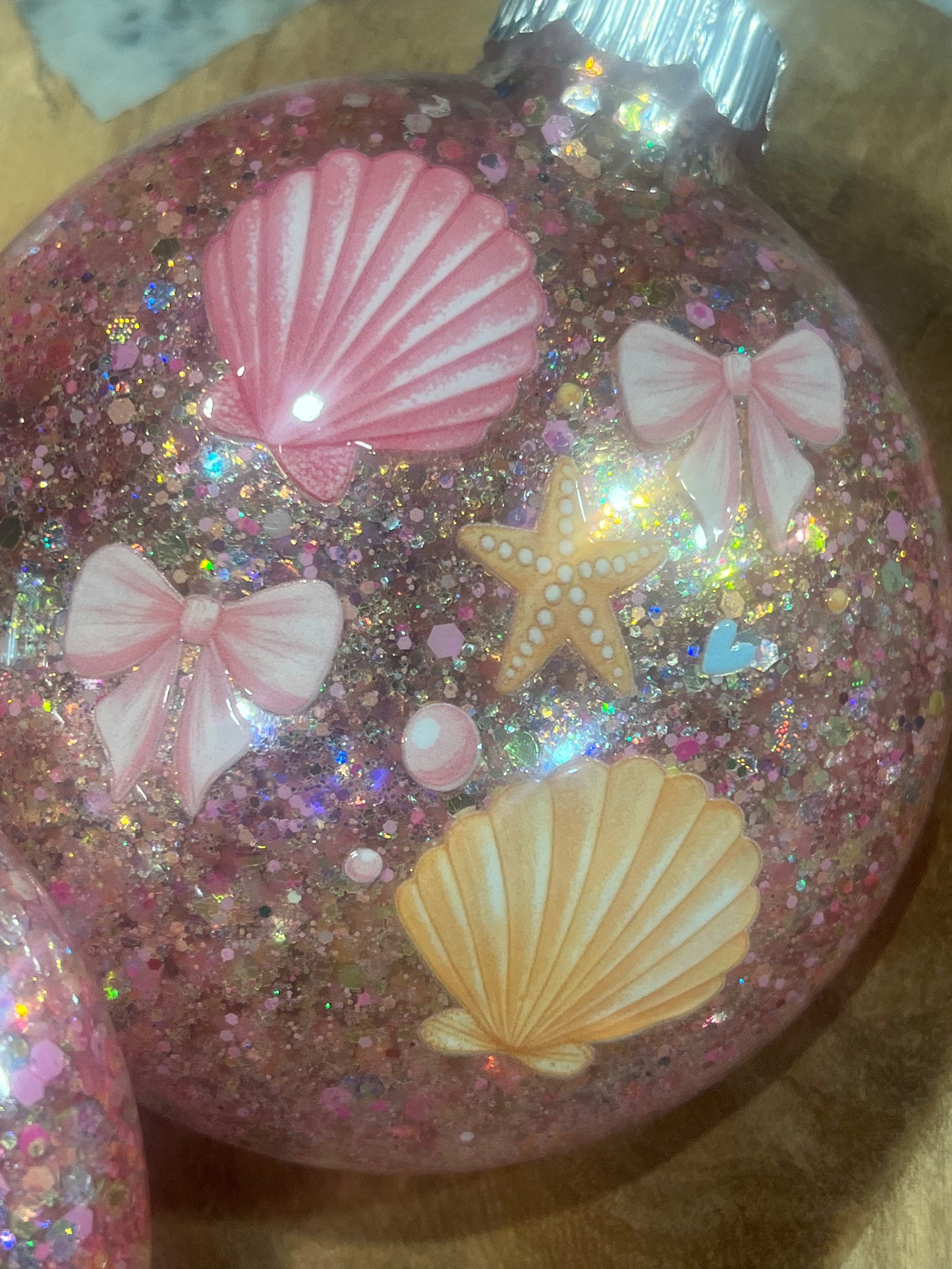 Pink glitter Seashells Ornament 4 inch acrylic.
