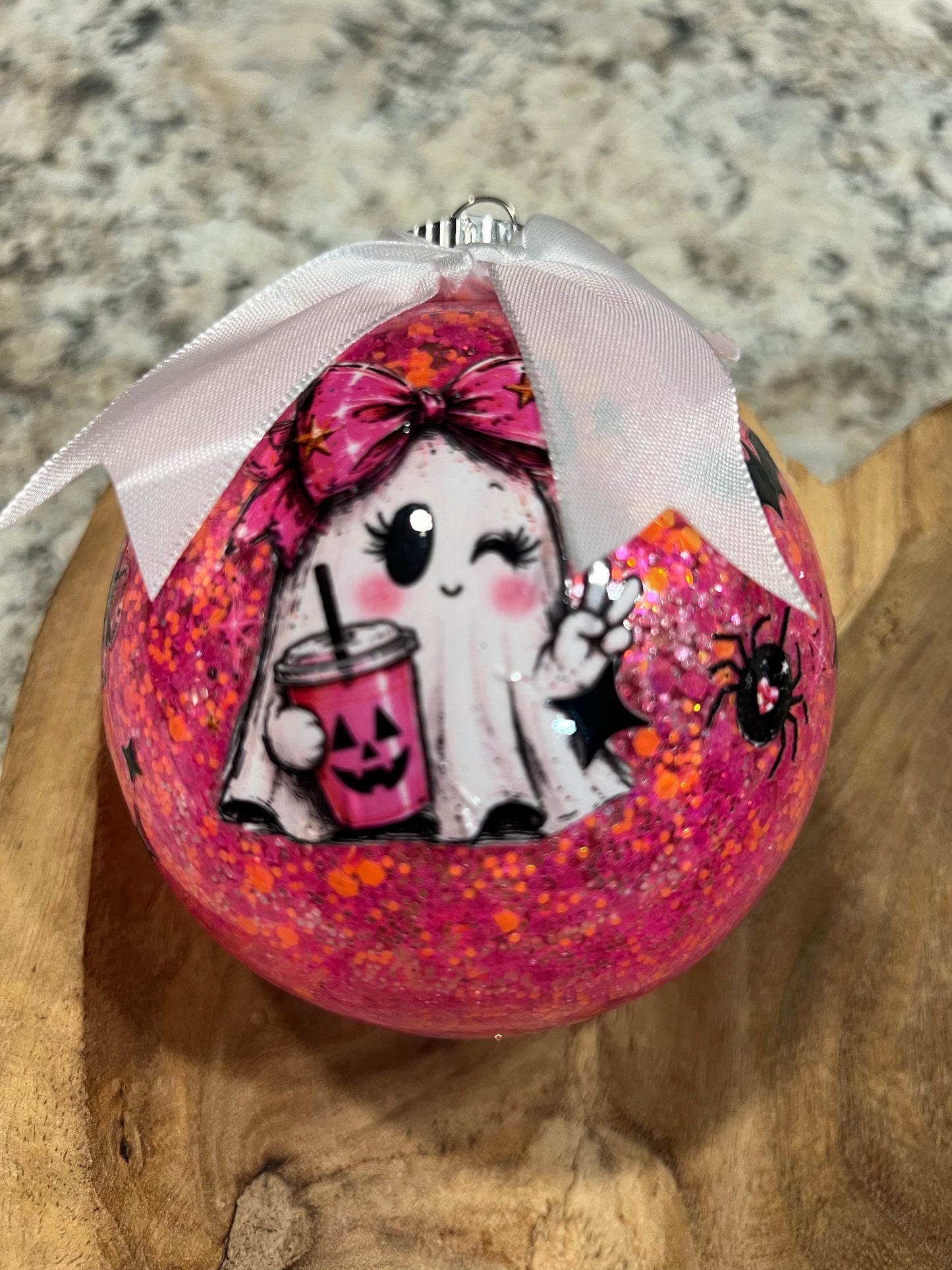 Pink “Glow” Ghost Ornament 4 inch acrylic. glow in the dark glitter with white satin bow.