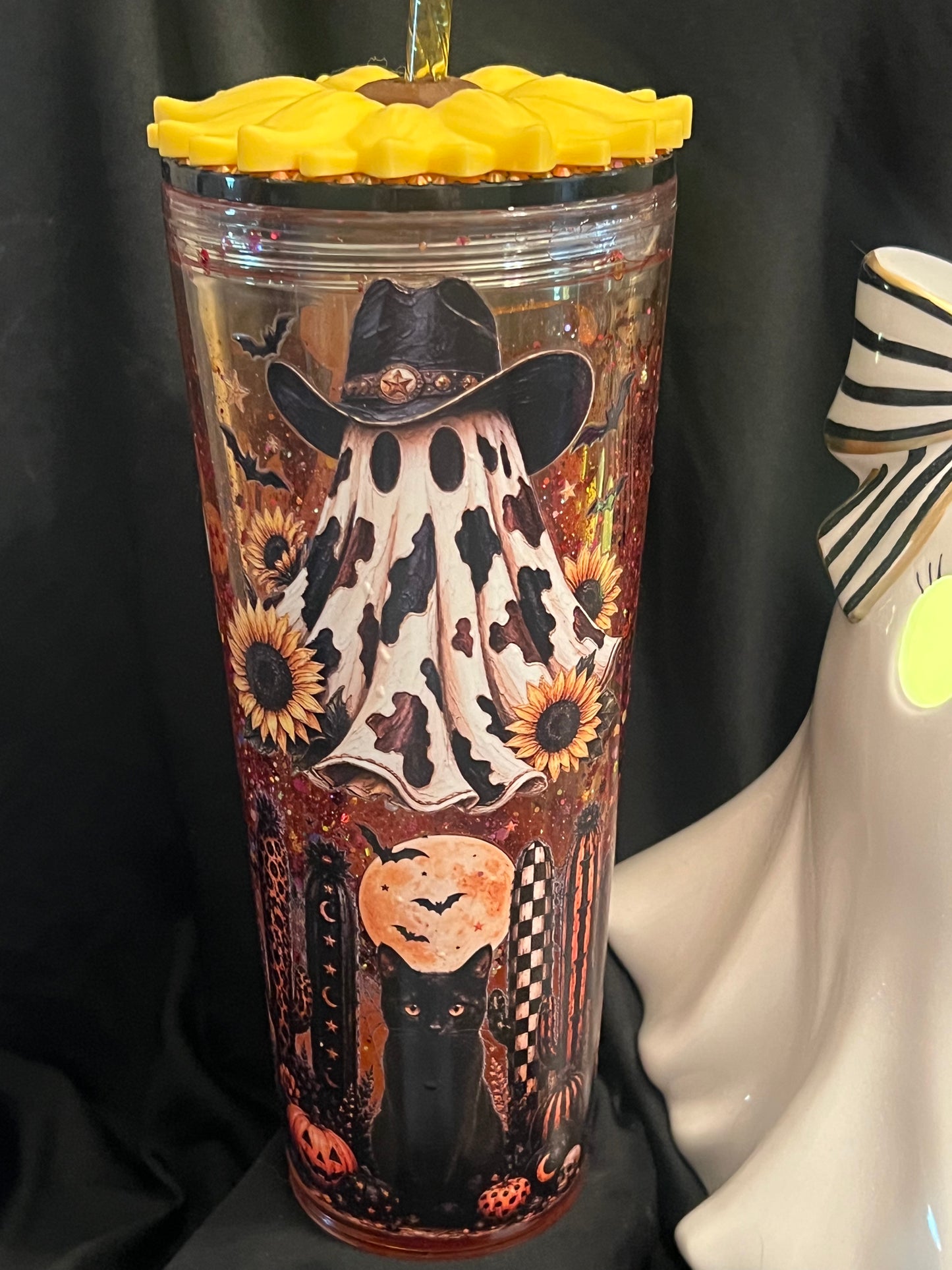 24oz Western Ghost Lava Tumbler. rhinestone lid and sunflower straw topper.