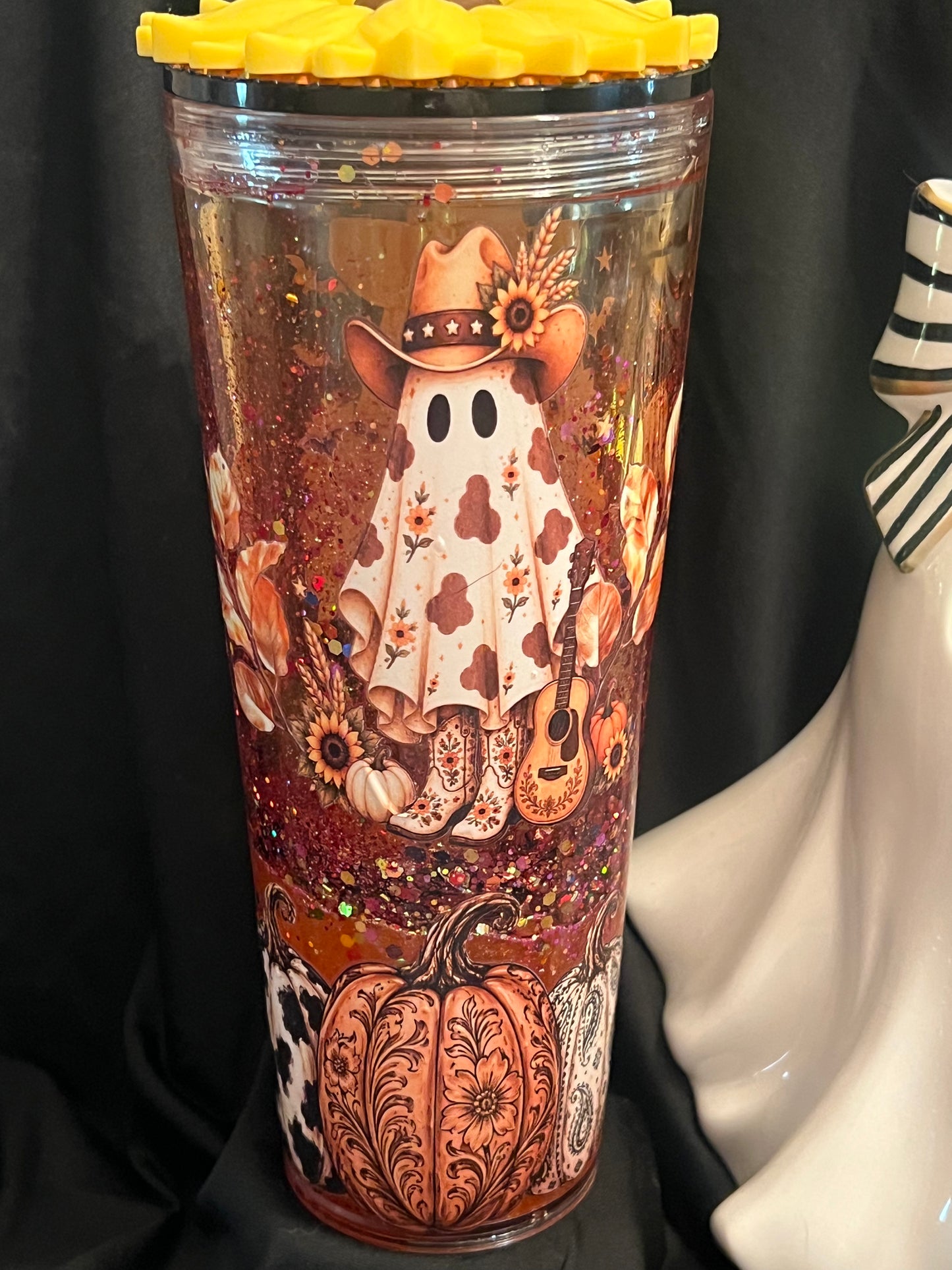 24oz Western Ghost Lava Tumbler. rhinestone lid and sunflower straw topper.