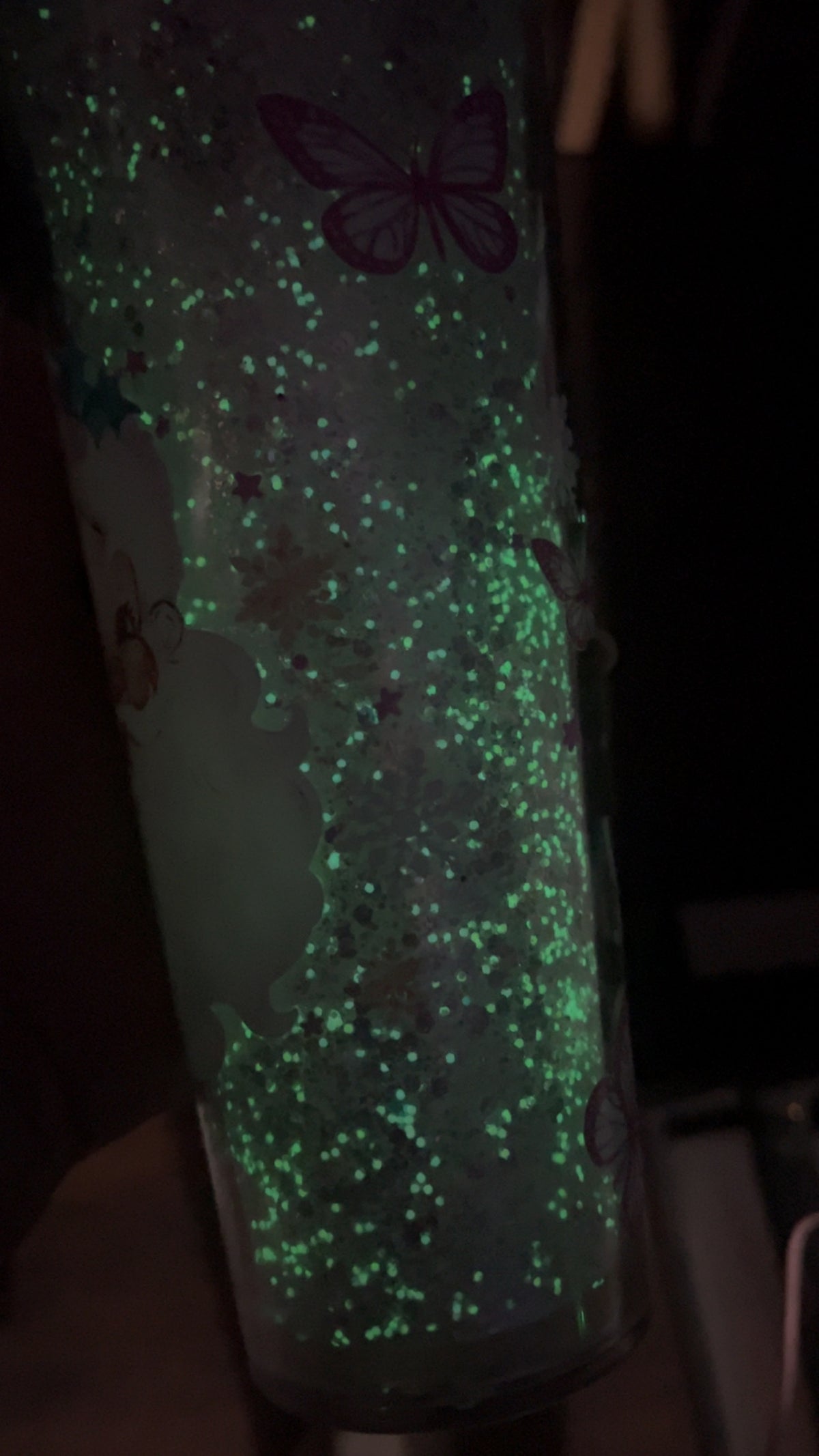 24oz Glow in the dark Santa Tumbler. Pink rhinestone lid.