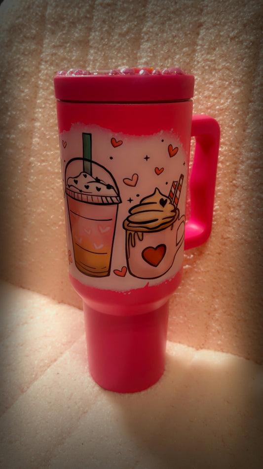 40oz Valentine Coffee Drinks, Hot Pink, Stainless Steel, decorated lid