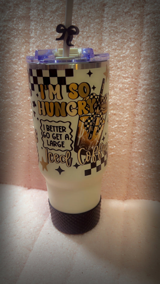 40oz Beige Stainless Steel, Iced Coffee w Blk Checkered