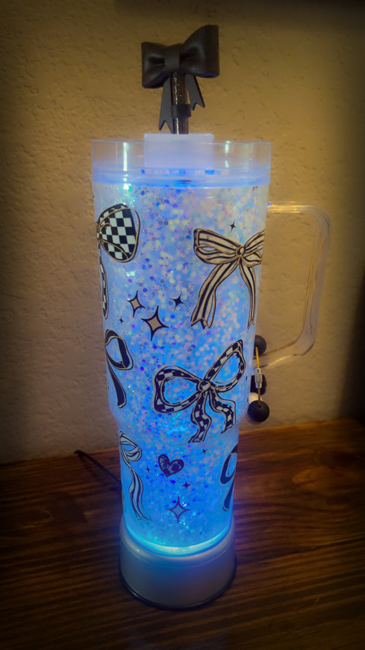 40oz Acrylic Glitter White and Silver w Checkered Bows with Handle