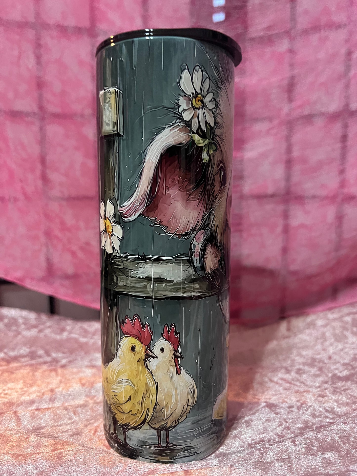 NEW 20oz Pig and Chickens with straw topper and colored lid included. stainless steel.