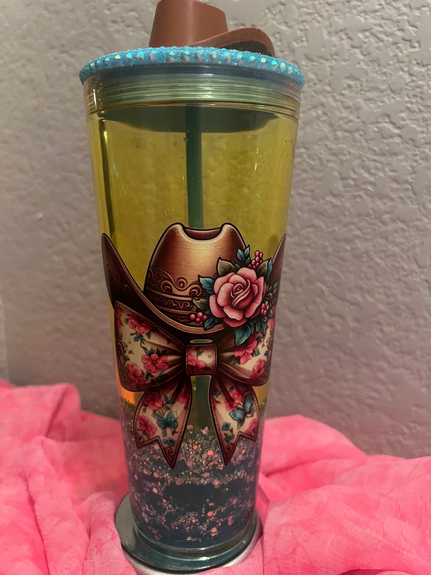 Cowgirl Floral Hat 24oz acrylic, lava tumbler. Medium flow, glitter blue lid w matching straw topper