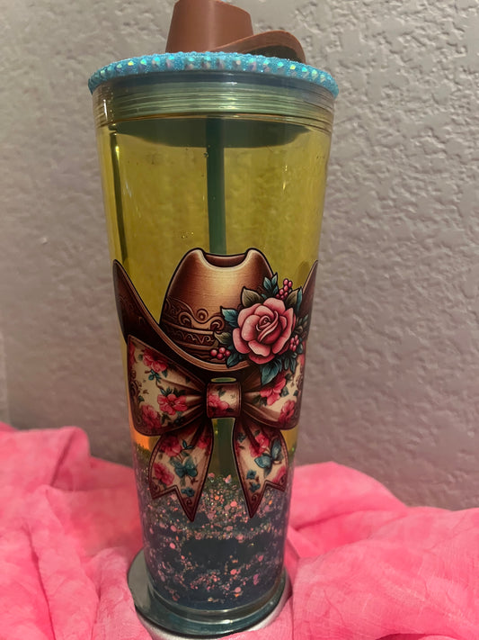 Cowgirl Floral Hat 24oz acrylic, lava tumbler. Medium flow, glitter blue lid w matching straw topper