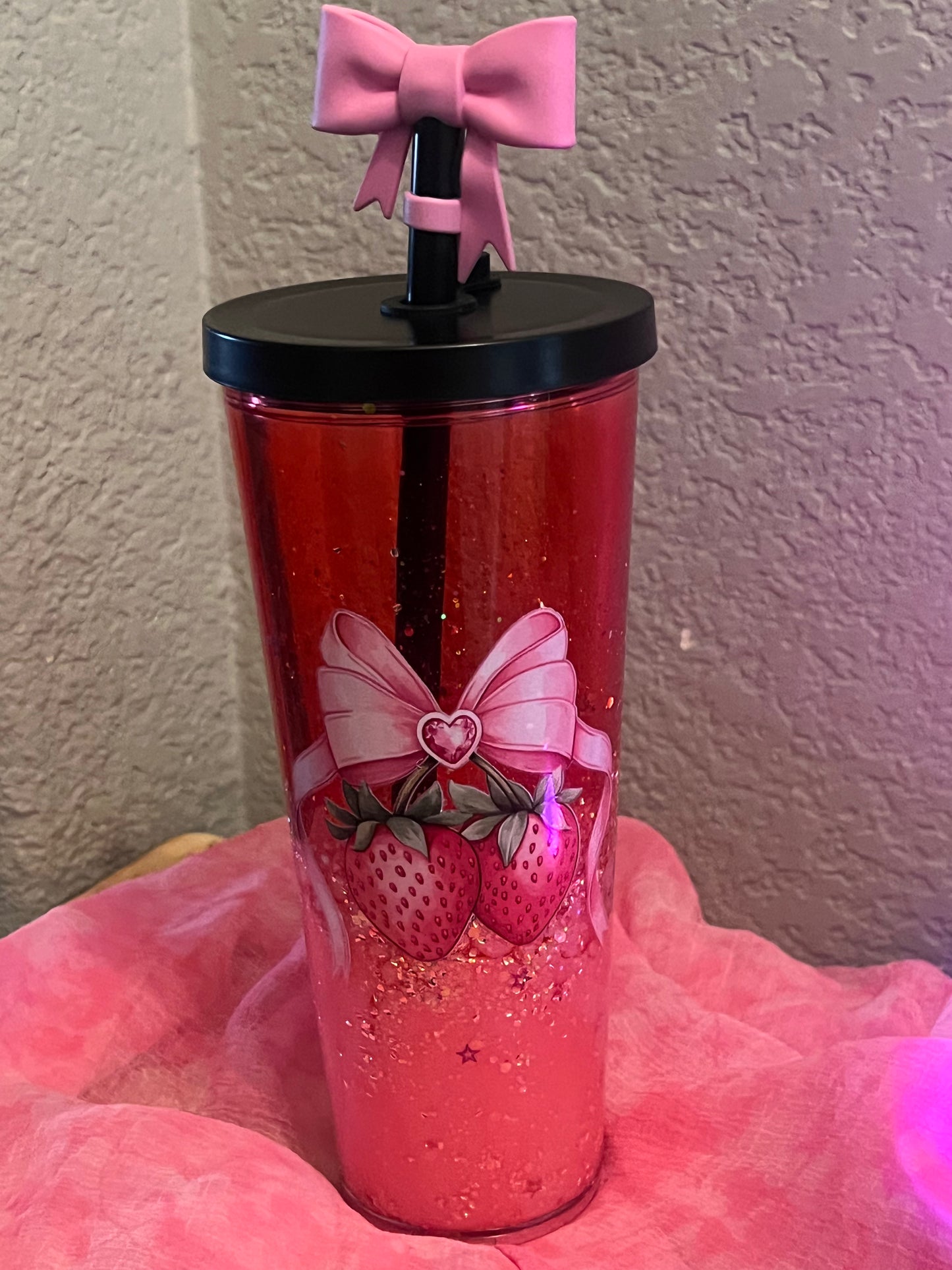 24oz Croquette Bow and Strawberry, Lava Snow Globe acrylic with pink glitter, blk lid w bow vinyl. Boba style
