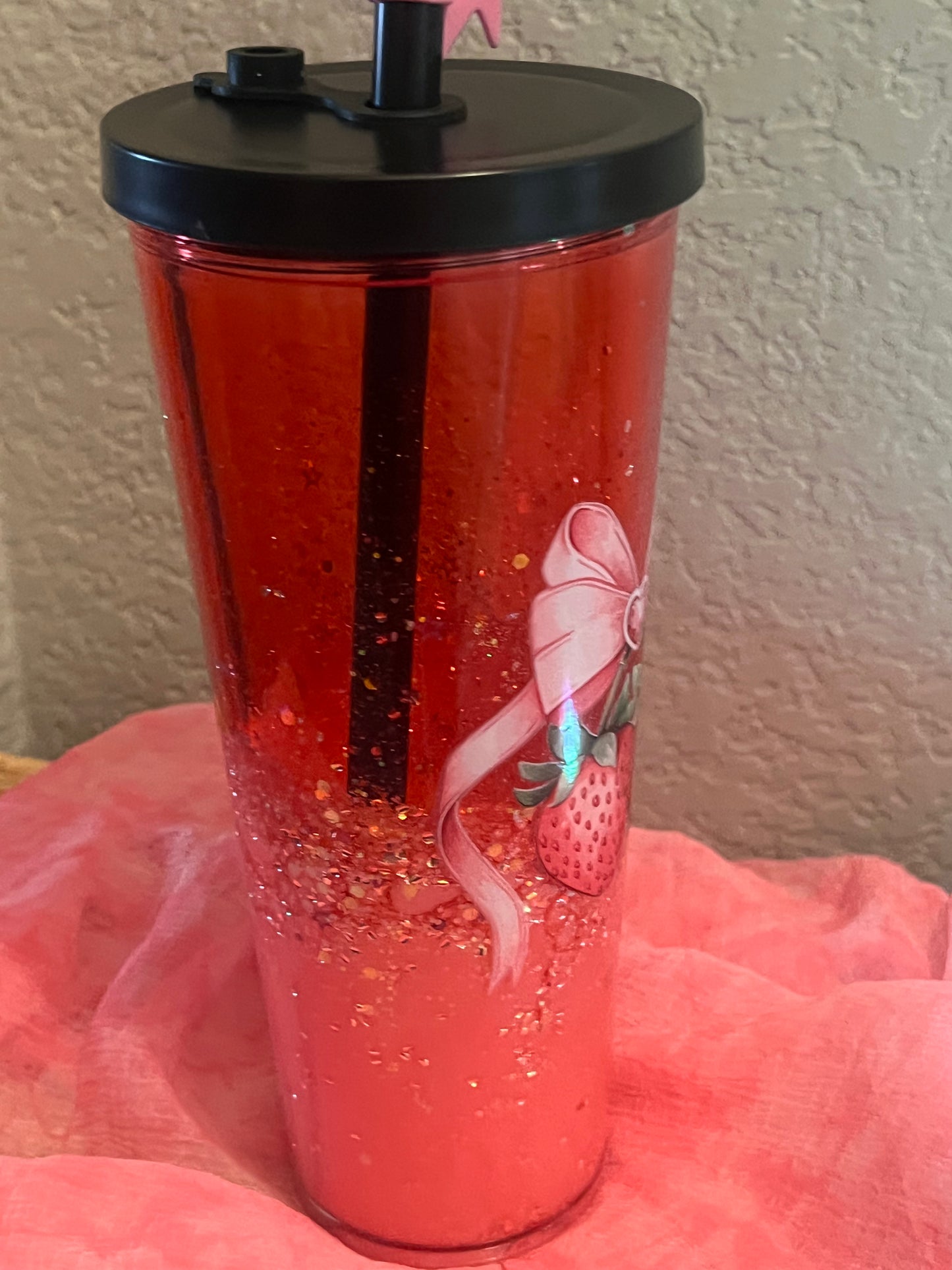 24oz Croquette Bow and Strawberry, Lava Snow Globe acrylic with pink glitter, blk lid w bow vinyl. Boba style