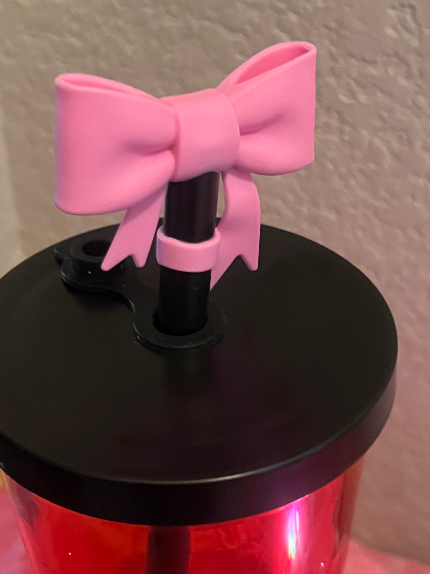 24oz Croquette Bow and Strawberry, Lava Snow Globe acrylic with pink glitter, blk lid w bow vinyl. Boba style