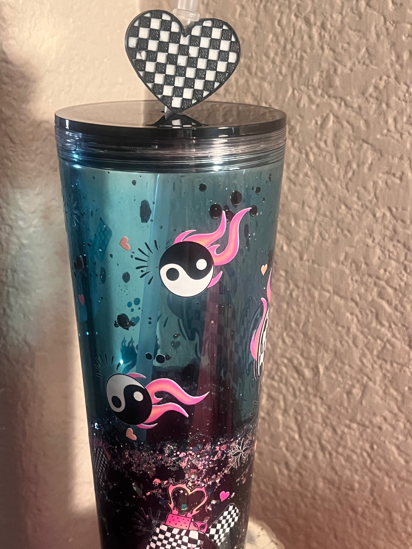24oz Let Them Lava Snow Globe acrylic with silver glitter, blk lid w checkered, heart, straw topper
