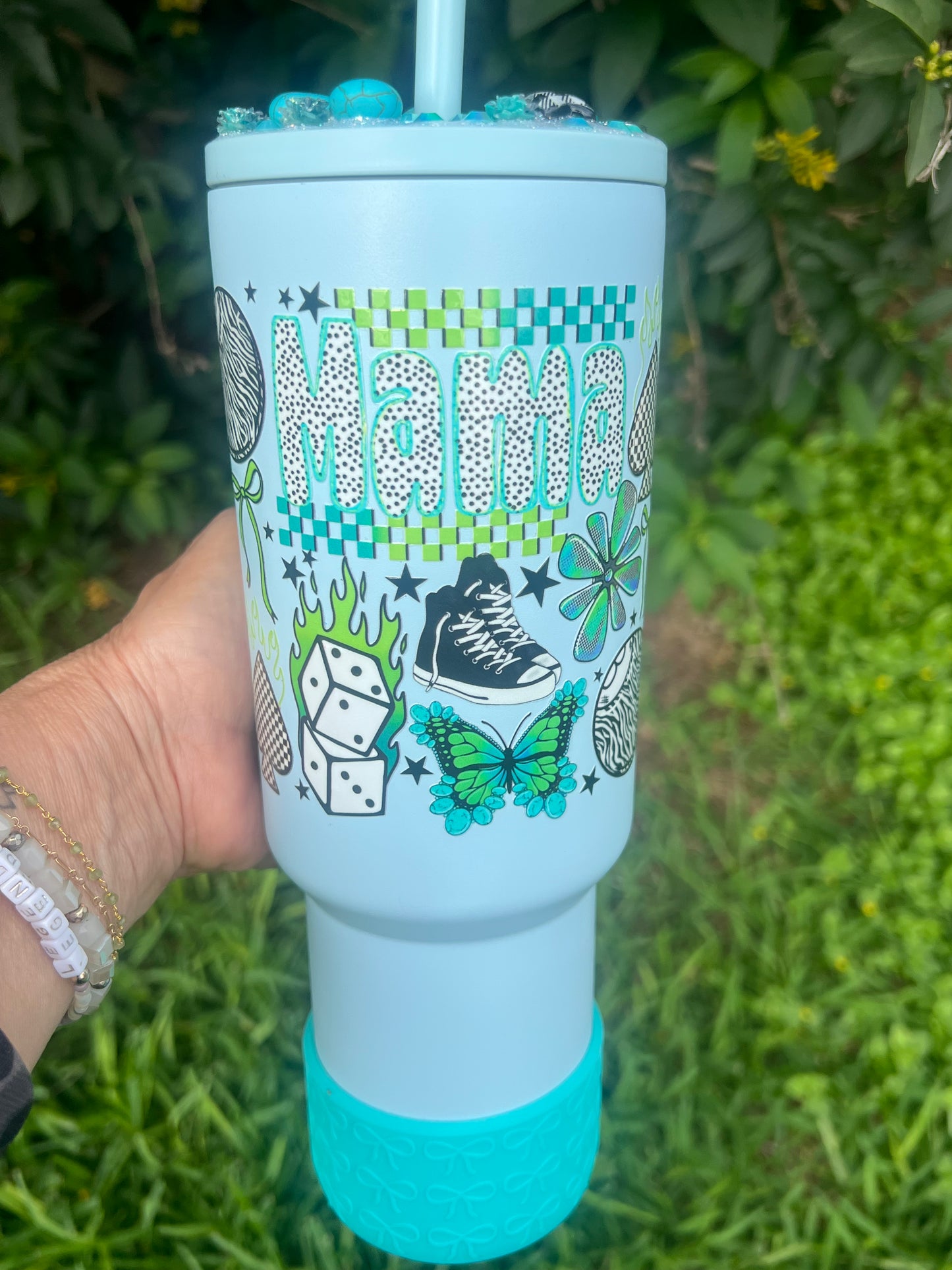 40oz MAMA Blue Stainless Steel tumbler with embellished lif topper