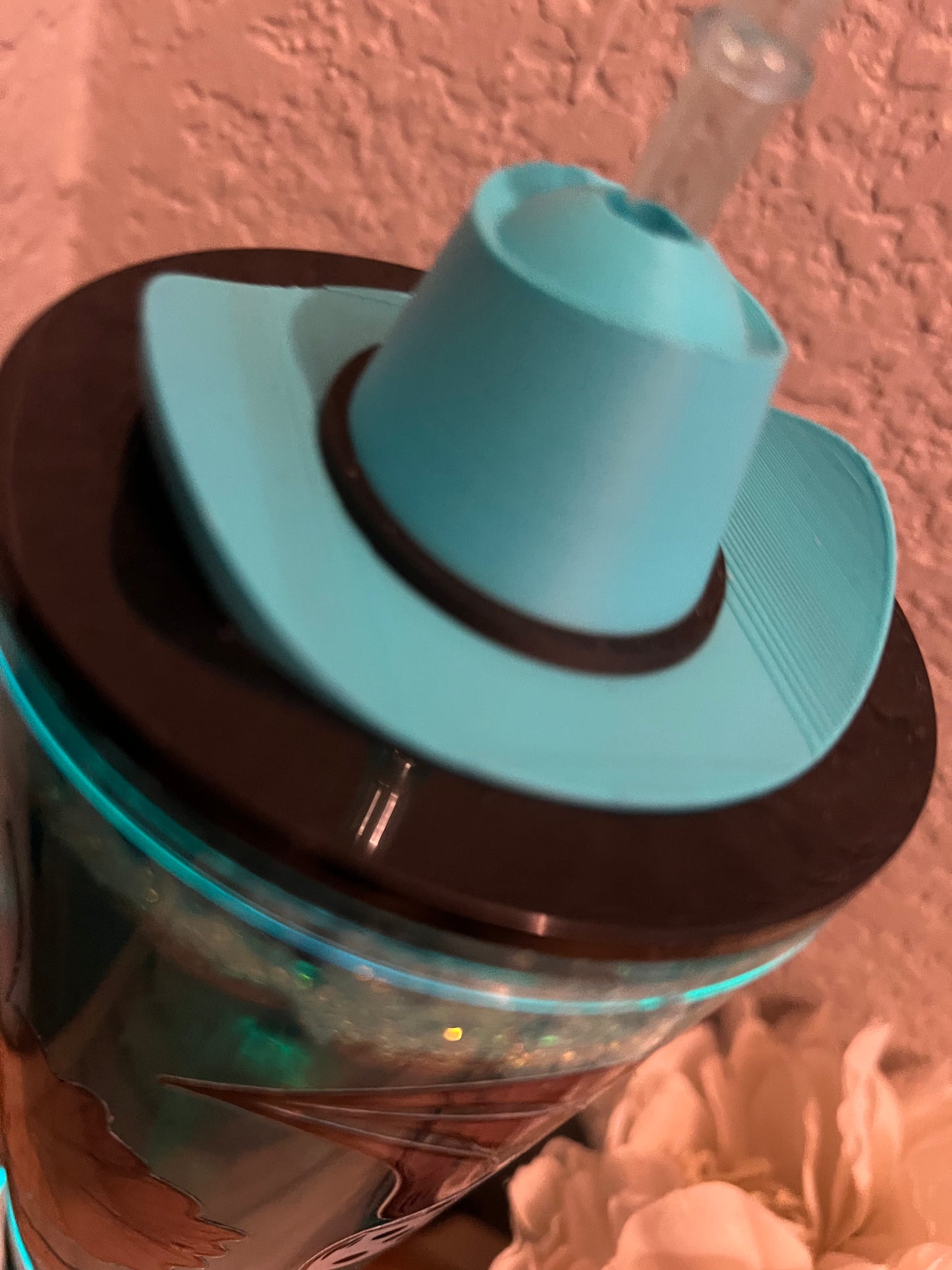 Western Floral Leather w Blue Cowboy Hat 24oz acrylic, lava,  lid w matching straw topper