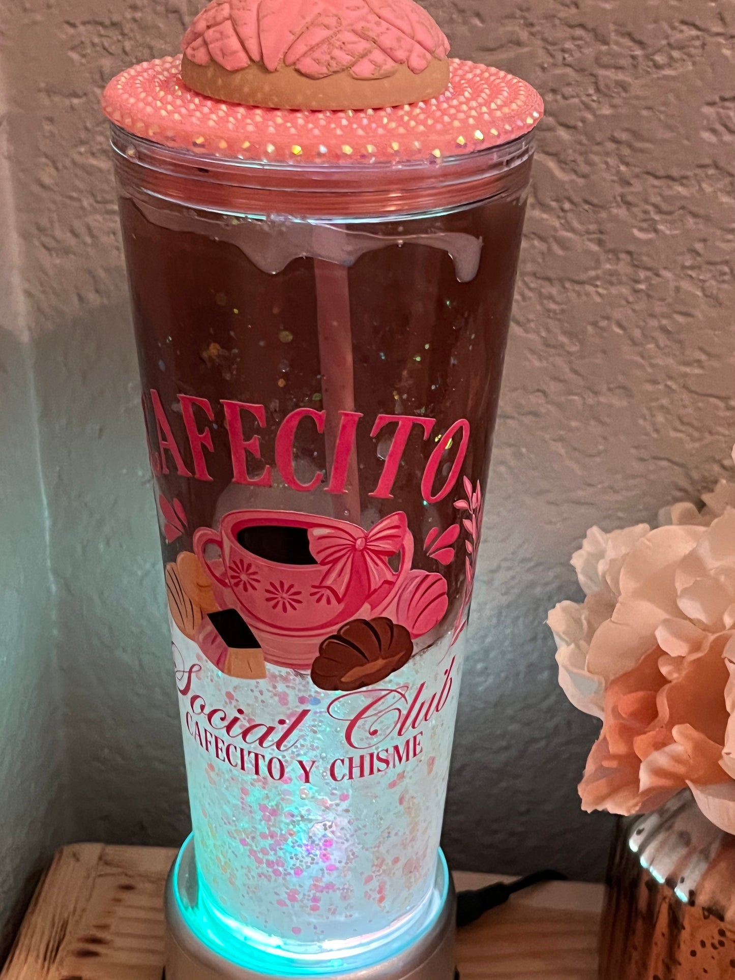 24oz Cafecito y Chisme Social Club Brown White Lava Tumbler w matching concha topper