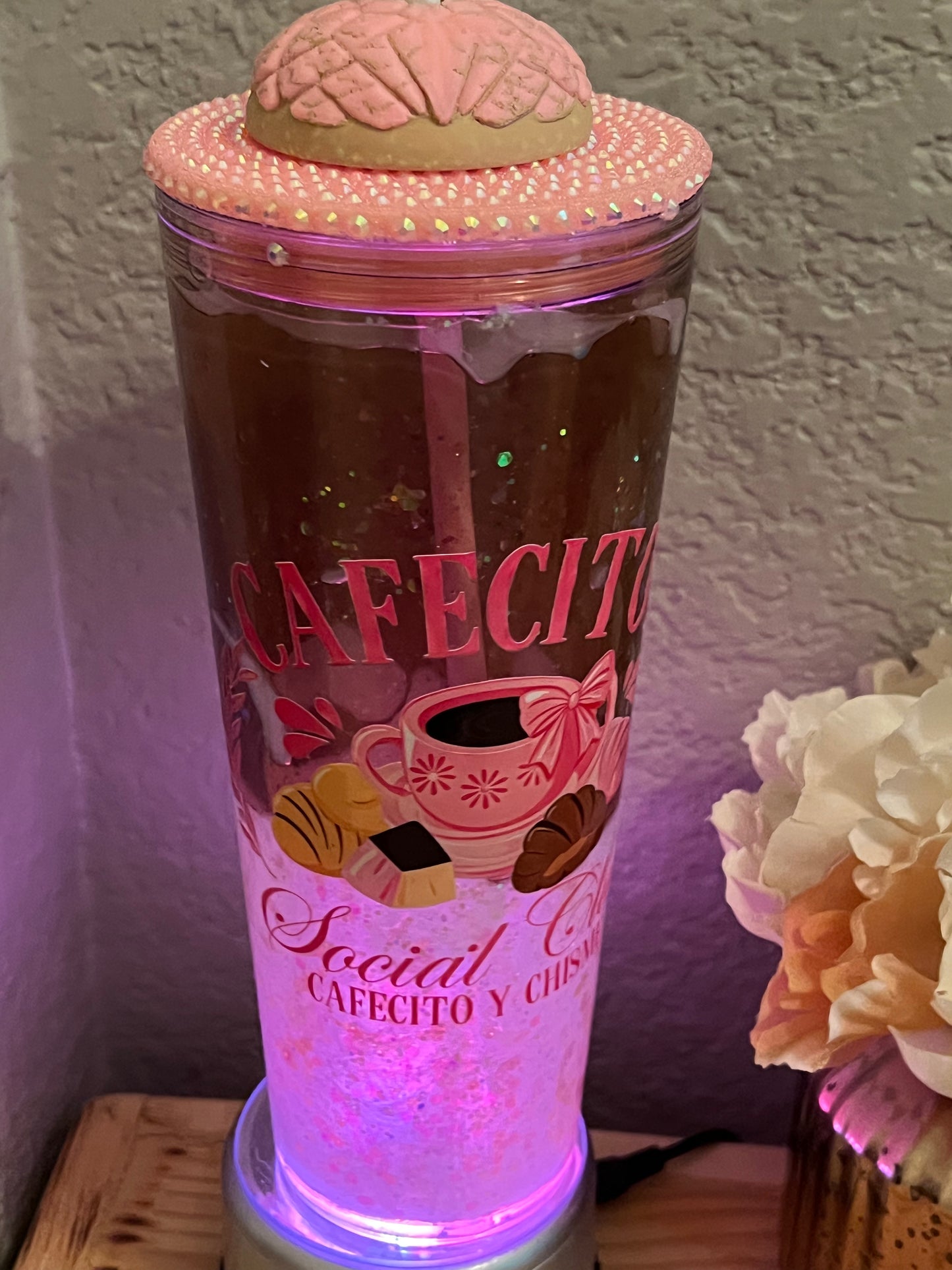 24oz Cafecito y Chisme Social Club Brown White Lava Tumbler w matching concha topper