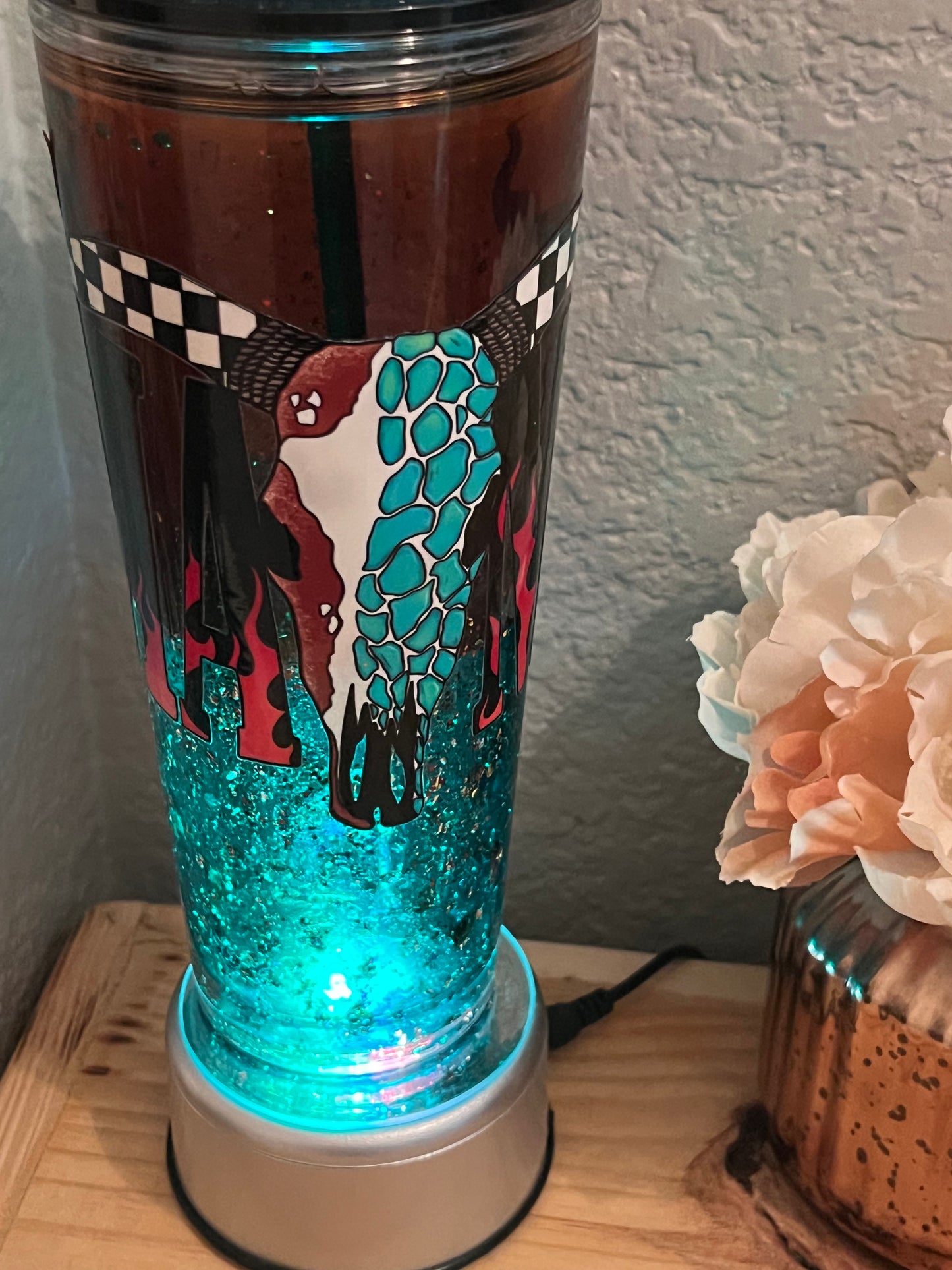 24oz Western Mama Skull. turquoise and brown Lava, turquoise Oversized rose straw topper included.