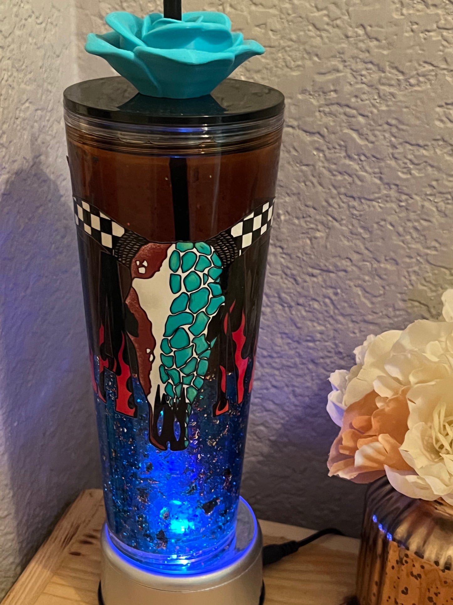 24oz Western Mama Skull. turquoise and brown Lava, turquoise Oversized rose straw topper included.