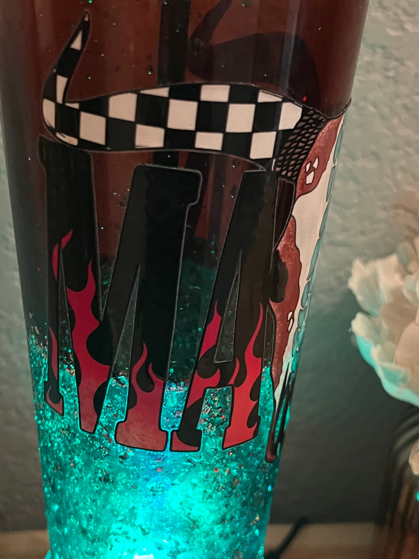 24oz Western Mama Skull. turquoise and brown Lava, turquoise Oversized rose straw topper included.