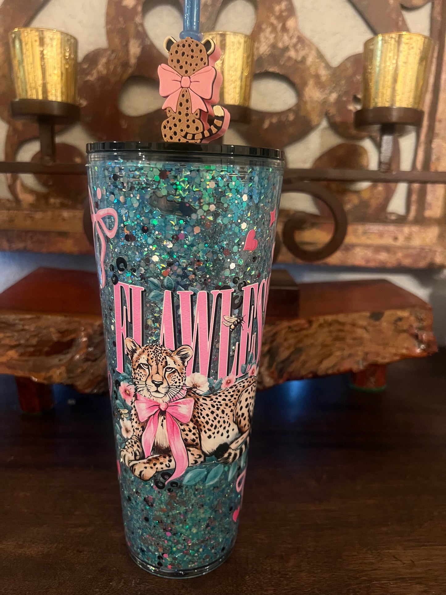 24oz Spoiled Leopard, turquoise blend snow globe. Matching topper included.