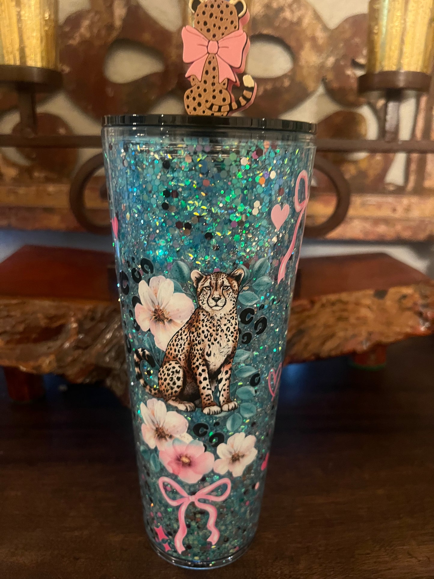 24oz Spoiled Leopard, turquoise blend snow globe. Matching topper included.