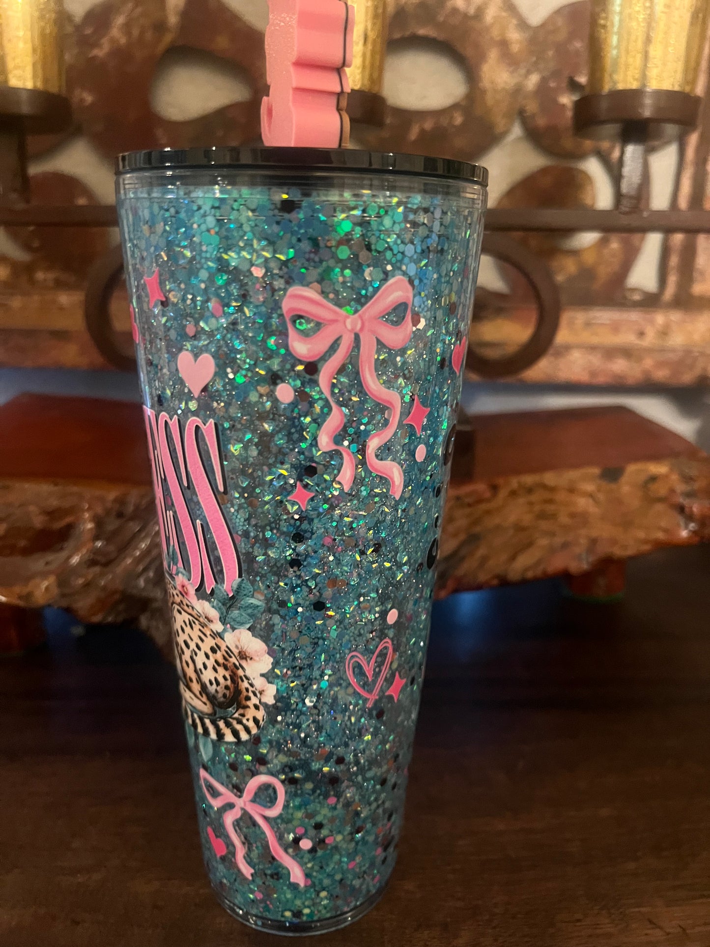 24oz Spoiled Leopard, turquoise blend snow globe. Matching topper included.