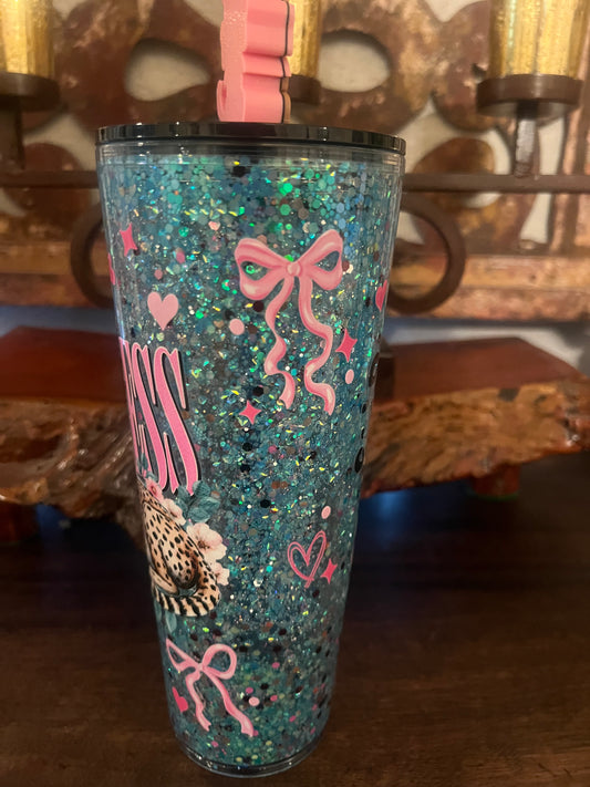24oz Spoiled Leopard, turquoise blend snow globe. Matching topper included.