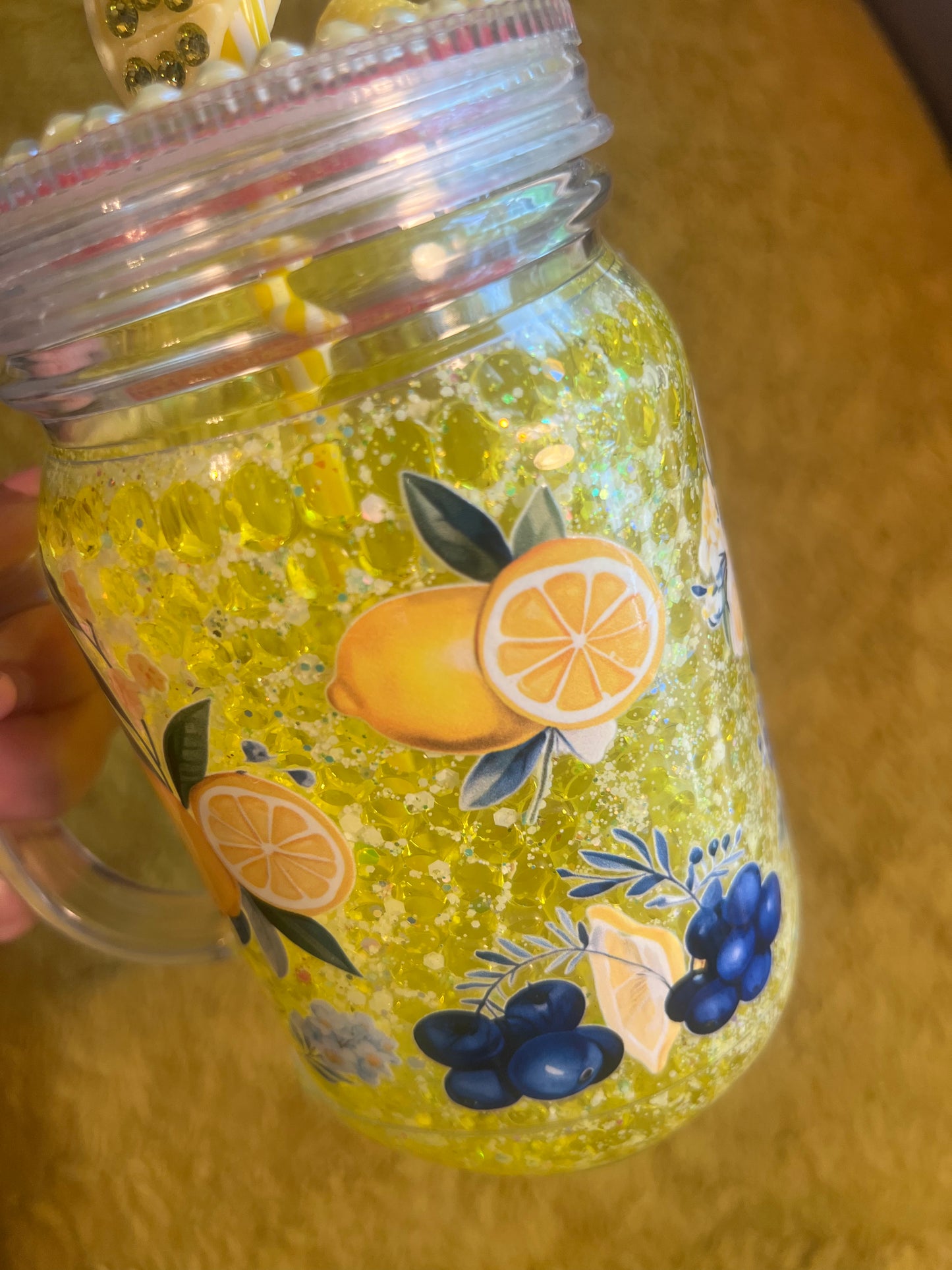 NEW 22oz Mason Blue & Yellow Lemon w decorated lid