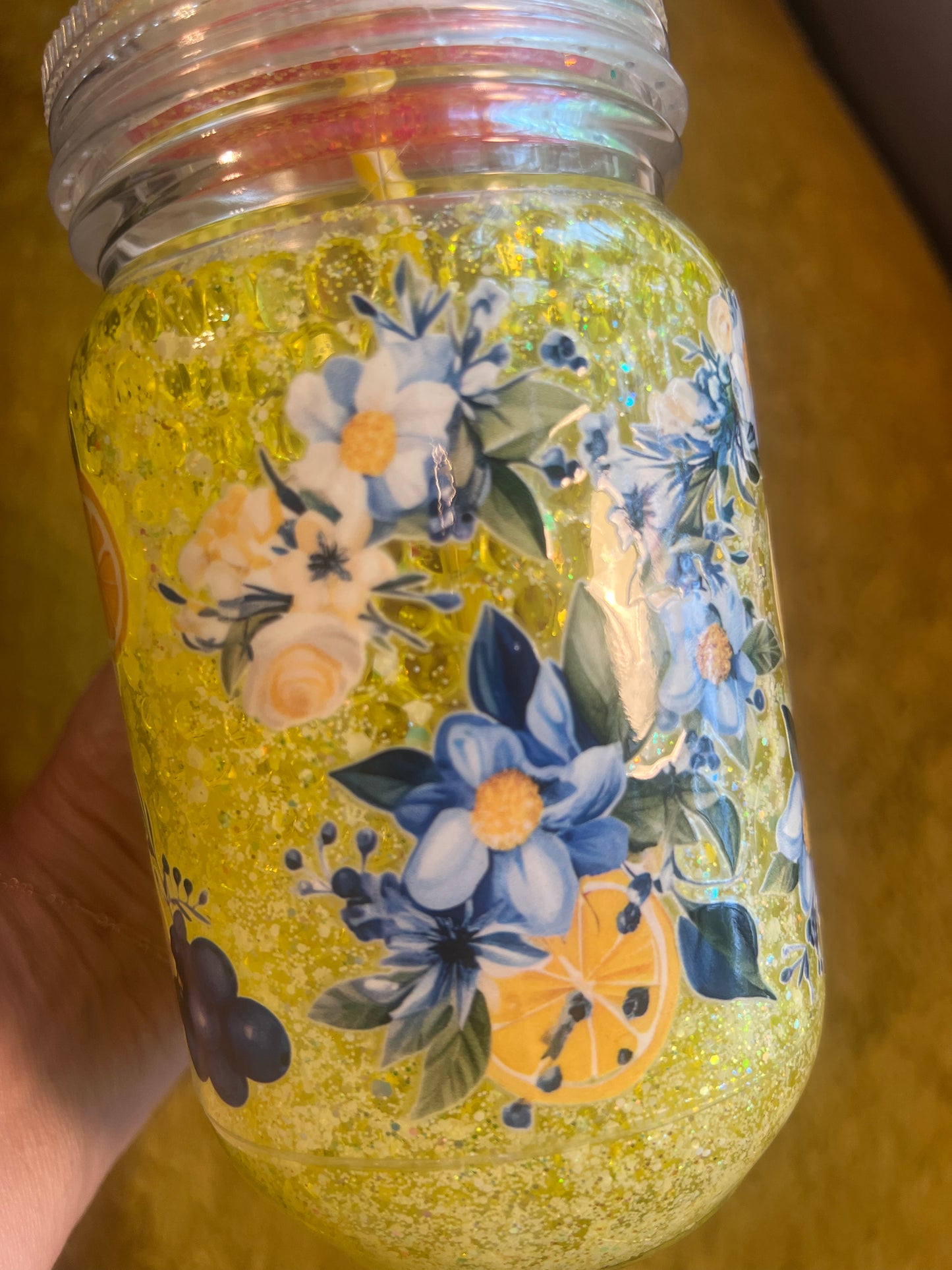 NEW 22oz Mason Blue & Yellow Lemon w decorated lid
