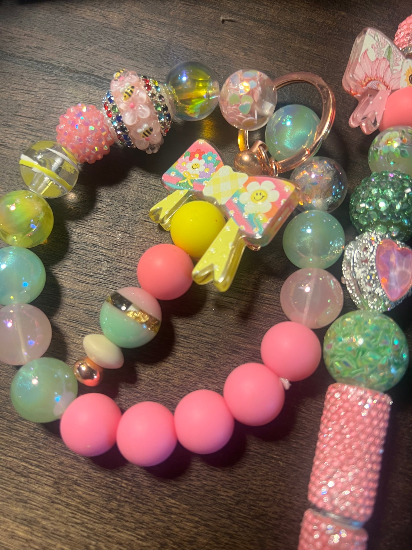 Phone or Key Wristlet Silicone/Acrylic Bead Mix SET-PINK