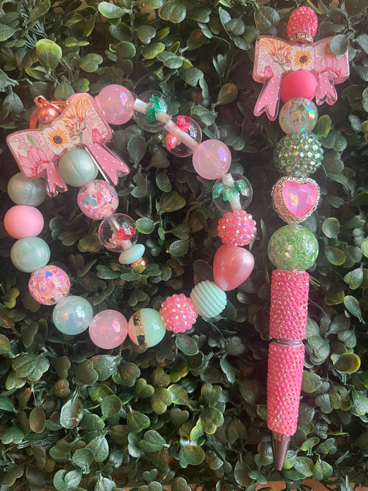 Phone or Key Wristlet Silicone/Acrylic Bead Mix SET-PINK