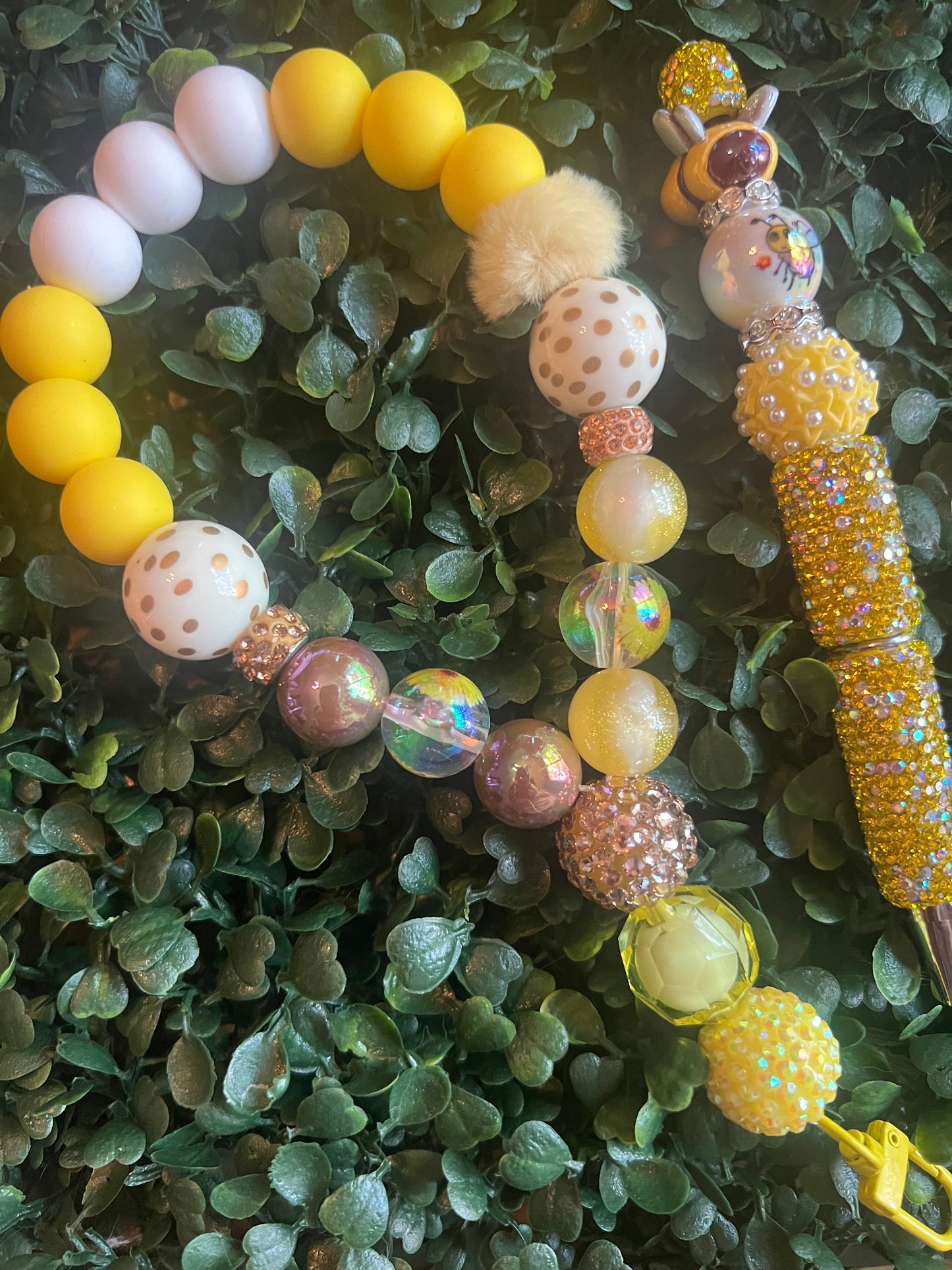 Phone or Key Wristlet Silicone/Acrylic Bead Mix SET-Honey Bee