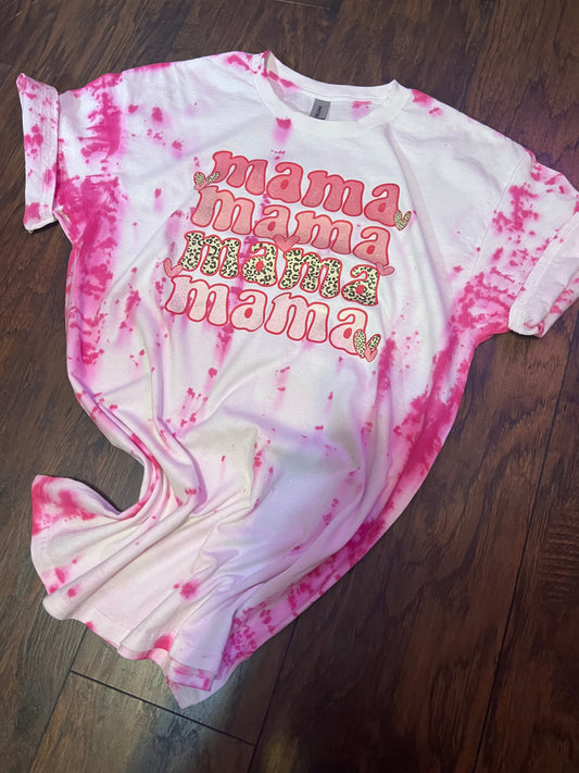 100% Gildan White Tee, Pink Tie dye. Front DTF Vinyl "MAMA"