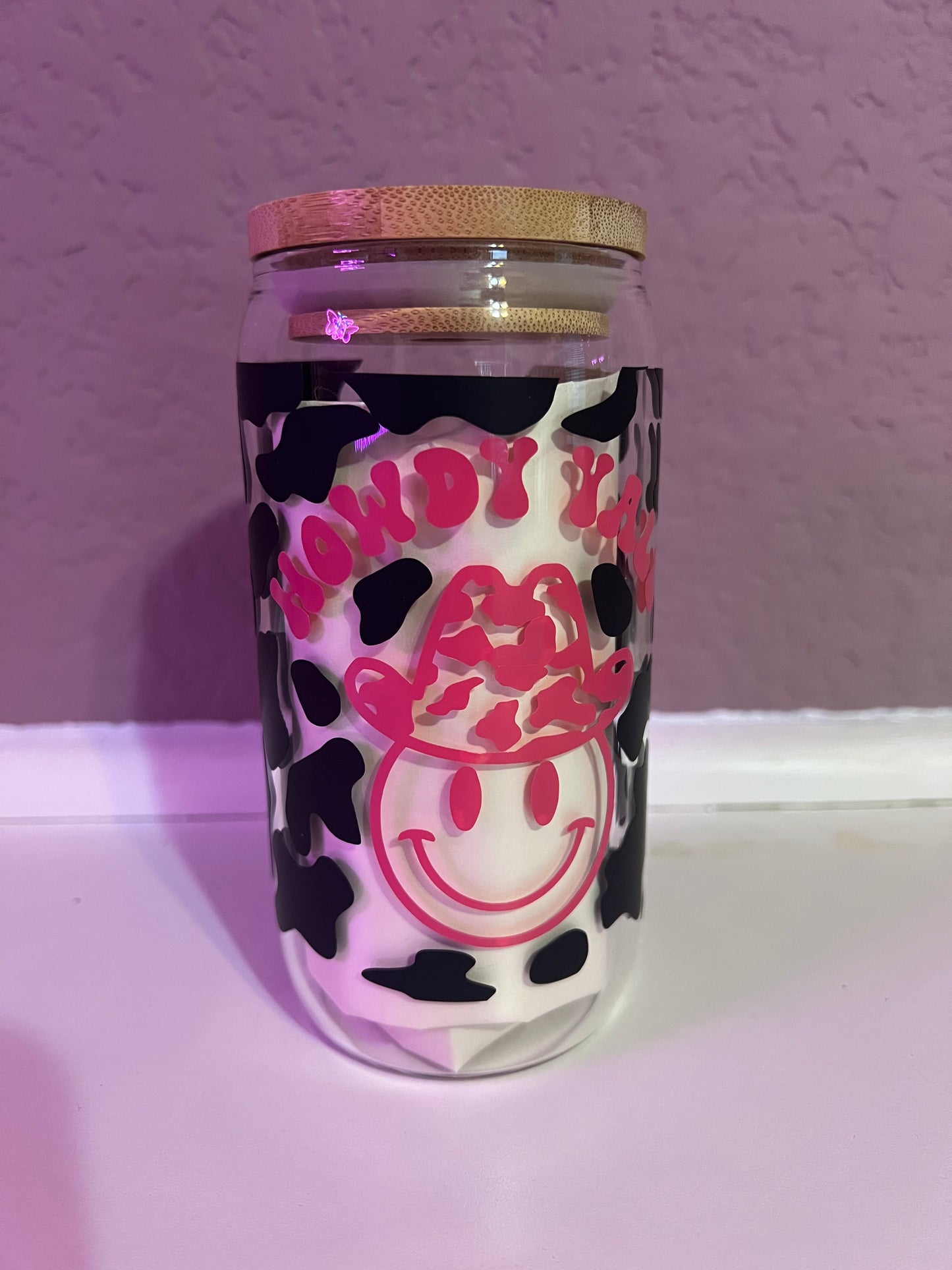 Libby cup, bamboo lid, glass straw, Cow Print Howdy Yall 16 oz