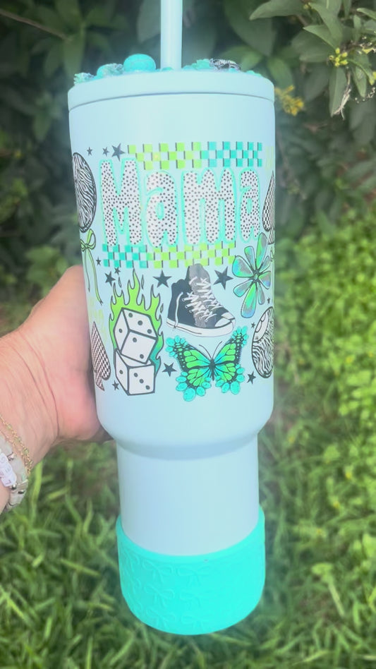 40oz MAMA Blue Stainless Steel tumbler with embellished lif topper