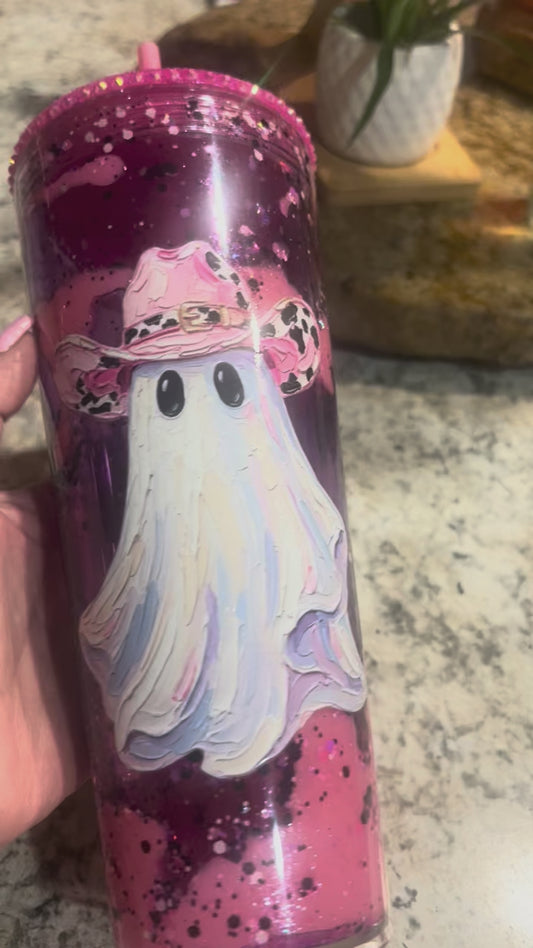 24oz Bougie Cowgirl Ghost, ￼ pink, lava, and purple oil splattered with glitter and tiny bats