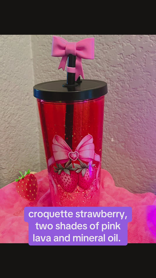 24oz Croquette Bow and Strawberry, Lava Snow Globe acrylic with pink glitter, blk lid w bow vinyl. Boba style