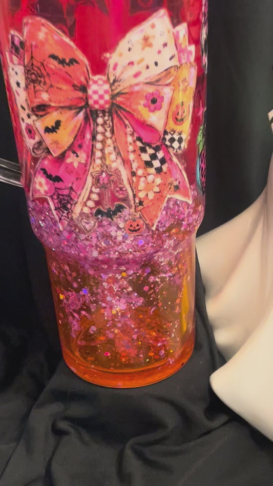 40oz Pink and Orange Lava tumbler. Glow glitter with slow lava flow. Neon UVDTF