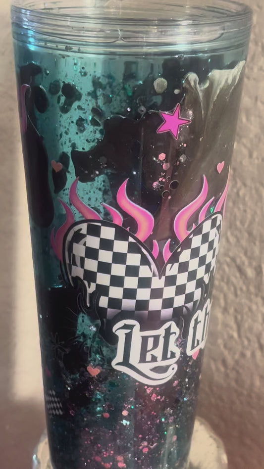 24oz Let Them Lava Snow Globe acrylic with silver glitter, blk lid w checkered, heart, straw topper