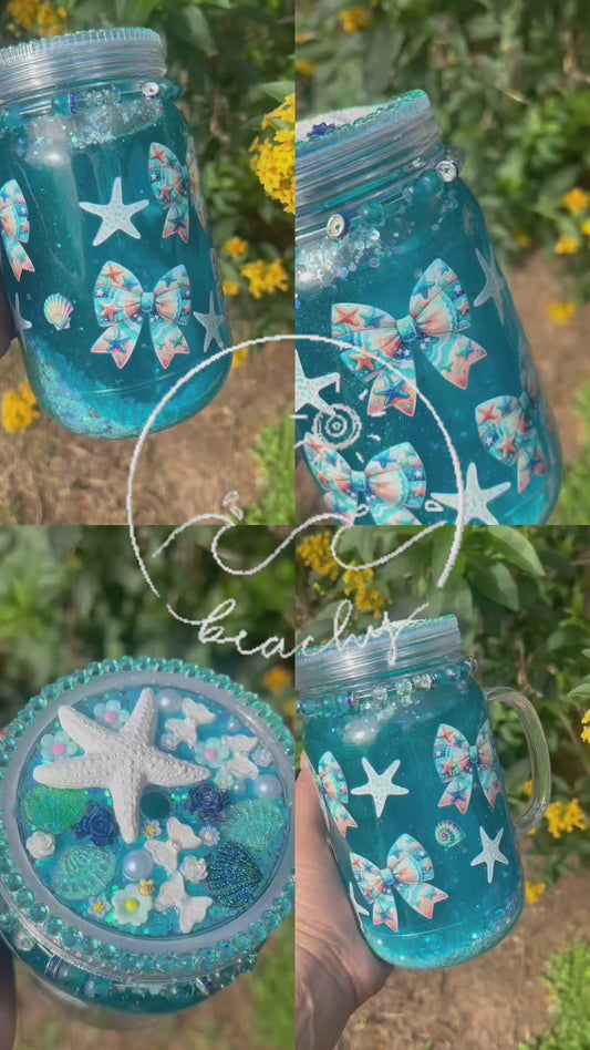 NEW 22oz Mason Cup Beach and shells. Sand and Glitter. Design Lid
