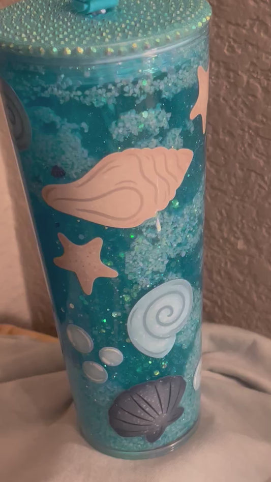 24oz Beach Tumbler w Sand Glow Glitter w matching ll Shell strawtopper