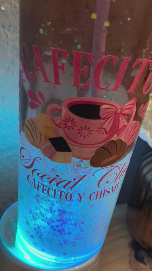 24oz Cafecito y Chisme Social Club Brown White Lava Tumbler w matching concha topper
