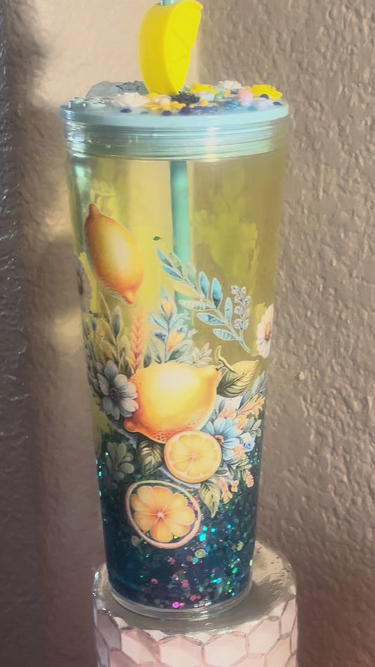 SALE. 24oz Lemon Lava Snow Globe acrylic with yellow glitter, blk lid w daisy vinyl